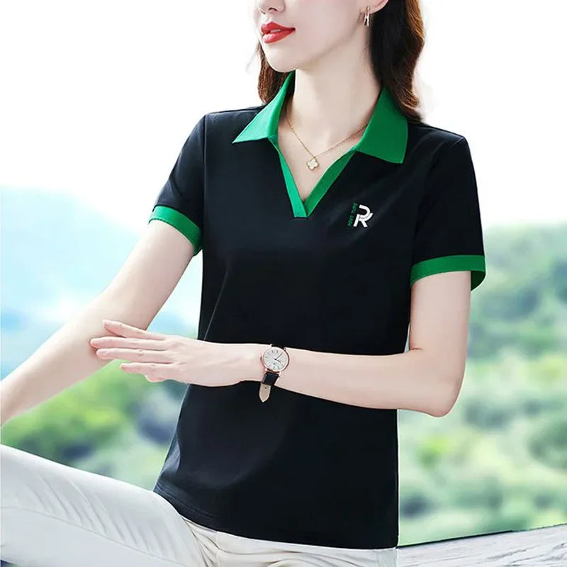 Women's Slim Fit Polo Shirt Short Sleeve T-Shirt Casual Sporty Loose Fashionable Summer Top Turn-down Collar Comfortable.