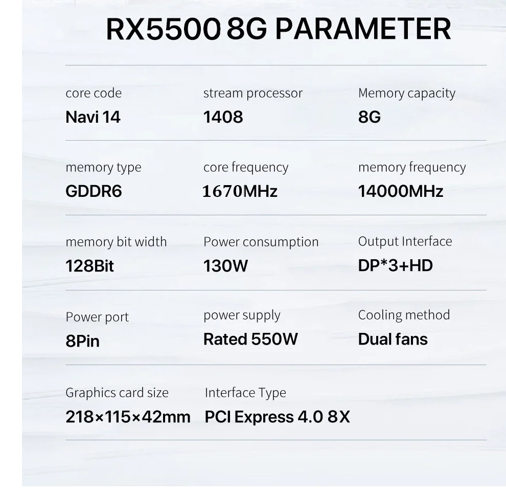 MLLSE Graphics Card RX 5500 8gb Placa De Video Gaming 7NM 128bit GDDR6 8Pin PCI Express 4.0 x 8 1717MHz DP*3 Desktop.