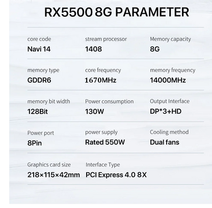 MLLSE Graphics Card RX 5500 8gb Placa De Video Gaming 7NM 128bit GDDR6 8Pin PCI Express 4.0 x 8 1717MHz DP*3 Desktop.