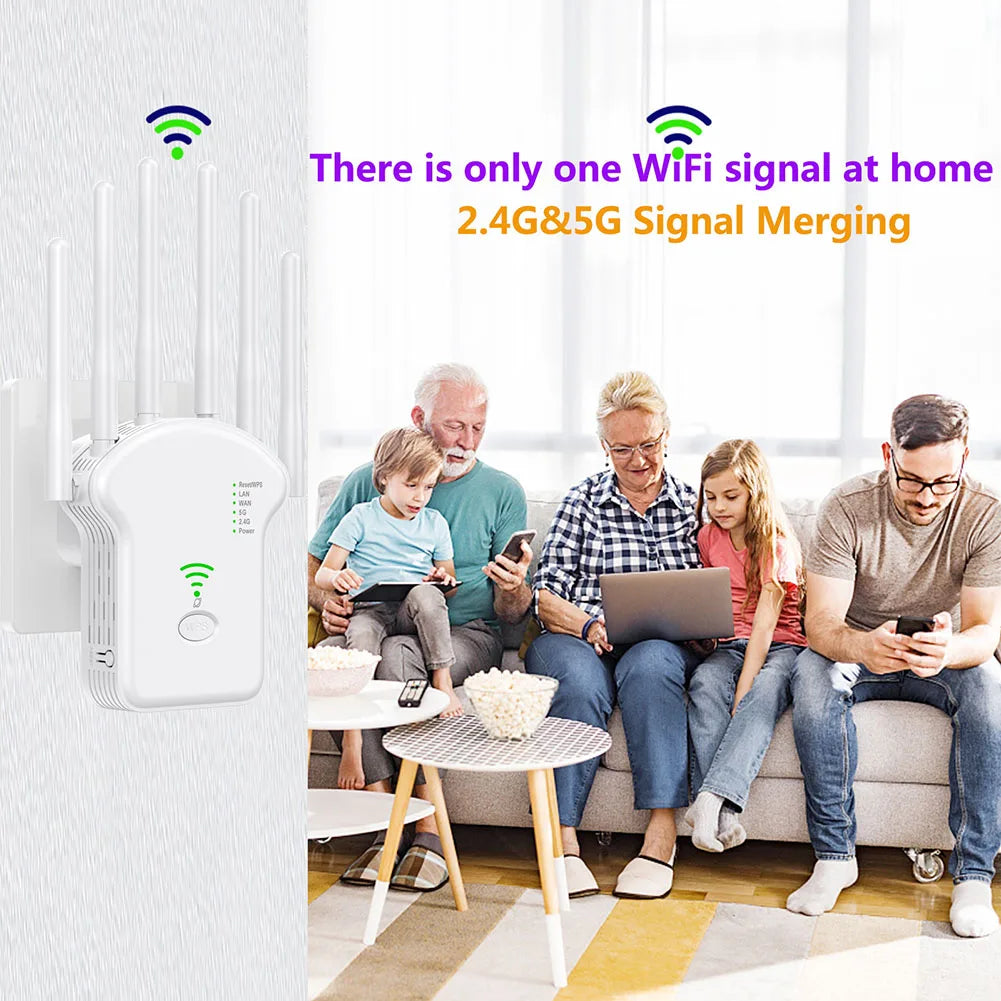 1200Mbps 5GHz Wireless WiFi Repeater WiFi Signal Booster Dual-Band 2.4G 5G WiFi Extender 6 Antenna Network Amplifier WPS Router.