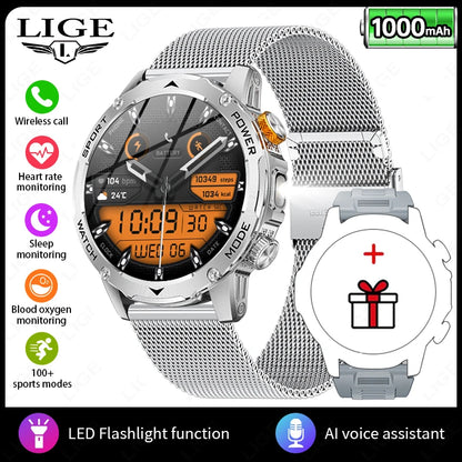 LIGE 2025 New For HUAWEI Xiaomi 1000mah AMOLED Smart Watch Men Sports Fitness LED Flashlight 3ATM Waterproof BT Call Smartwatch