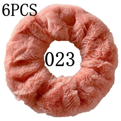 6pc Hair Scrunchies Furry Elastic Band Women Girl Ponytail Holder Rubber Ties Accessories Plush Faux Fur Soft Chiffon Headband