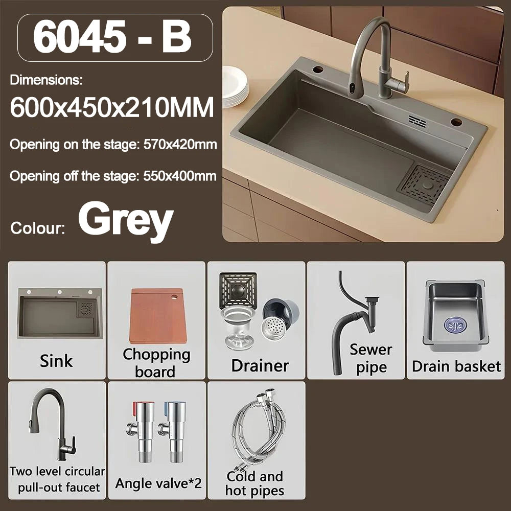 Thickening 304 stainless steel nano-coated Kitchen Sink Large-Capacity Single Sink Wear-Resistant Grey tank