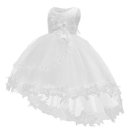 Weiße Blumenmädchenkleider für die Hochzeit, elegantes Kinder-Taufkleid und Kopfbedeckung, kurzärmelig, für Kinder, Kommunion, Geburtstagsfeier.