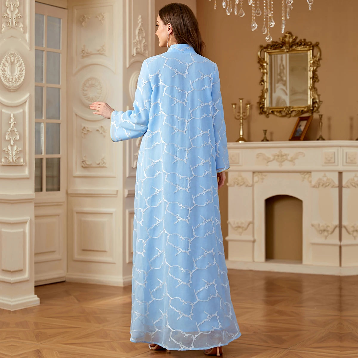 Uni Ramadan Dubai Woman’s Abayas Embroidered Sequin Floral Patter V-Neck Elegant Casual Kebaya Muslim Moroccan Long Dress.