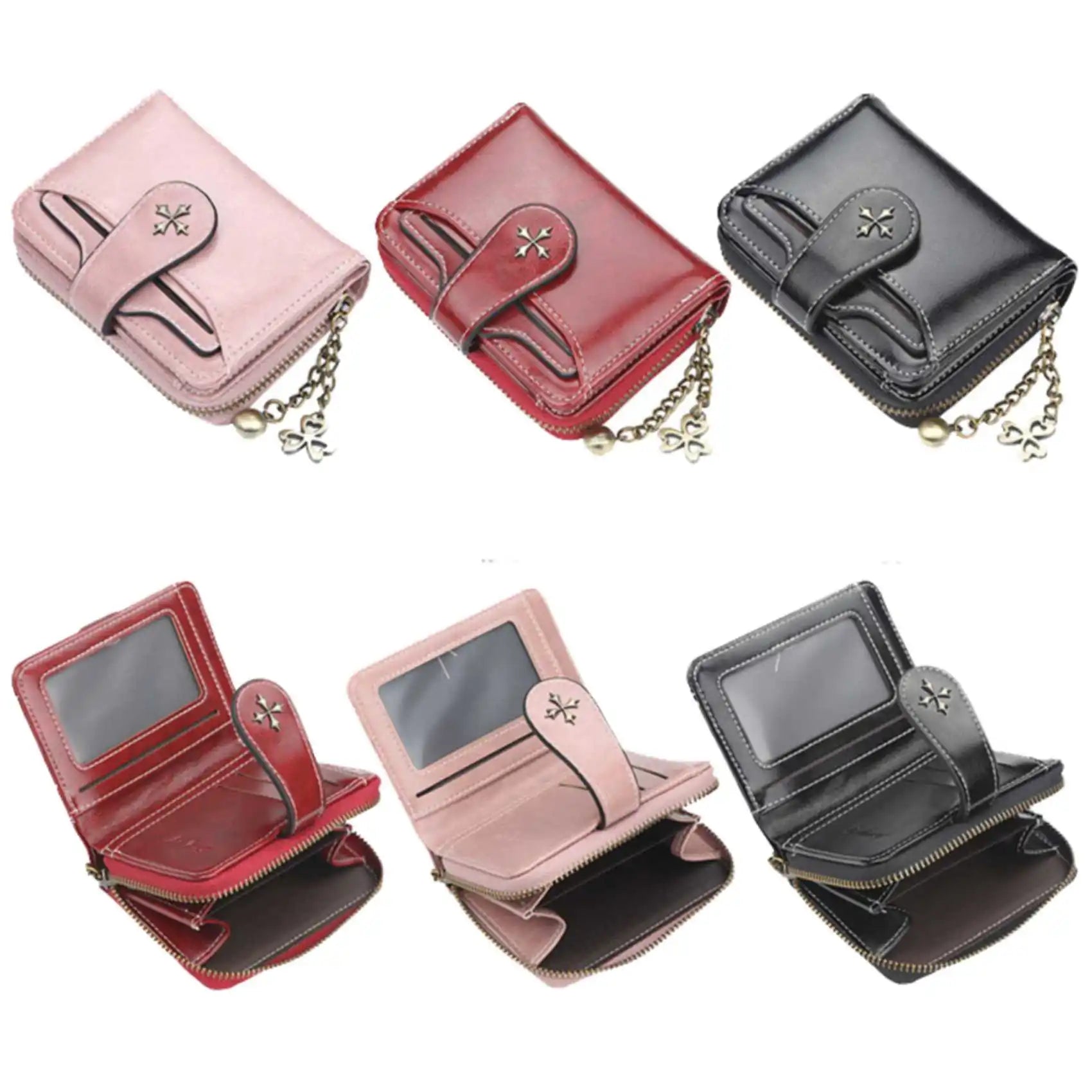 Women's Short Oil Wax Leather Coin Purse Fashion Buckle Zipper Wallet Driver's License Card Bag.
