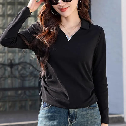 Korean version wine red long sleeved T-shirt for women in spring and autumn, new high-end fashion plus size lapel casual top