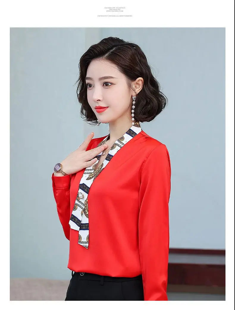 Women's fashionable streamer tops fashionable and elegant small fragrance style covering the belly satin shirt.
