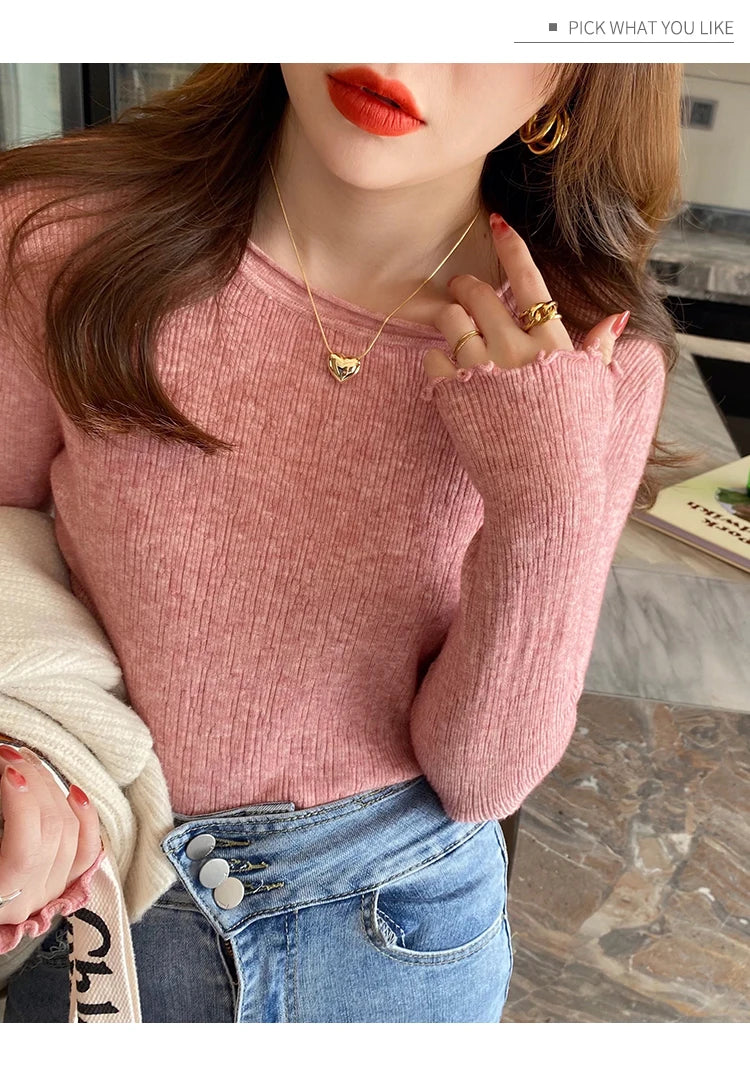 2025Oansatz Rippen Langarm Koreanische Dünne Weibliche Pullover Frauen Pullover Stricken Weiche Jumper Tops Geraffte Herbst Winter Tops.