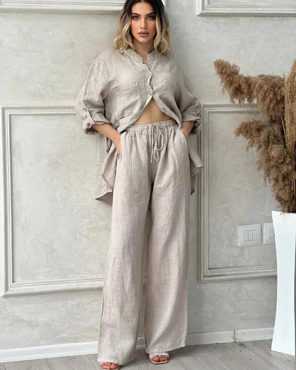 Spring Autumn Two Piece Sets 2024 Women Casual Long Sleeve Pocket Shirts 2 Piece Set Fashion Loose Wide Leg Pants Suit Outfites.