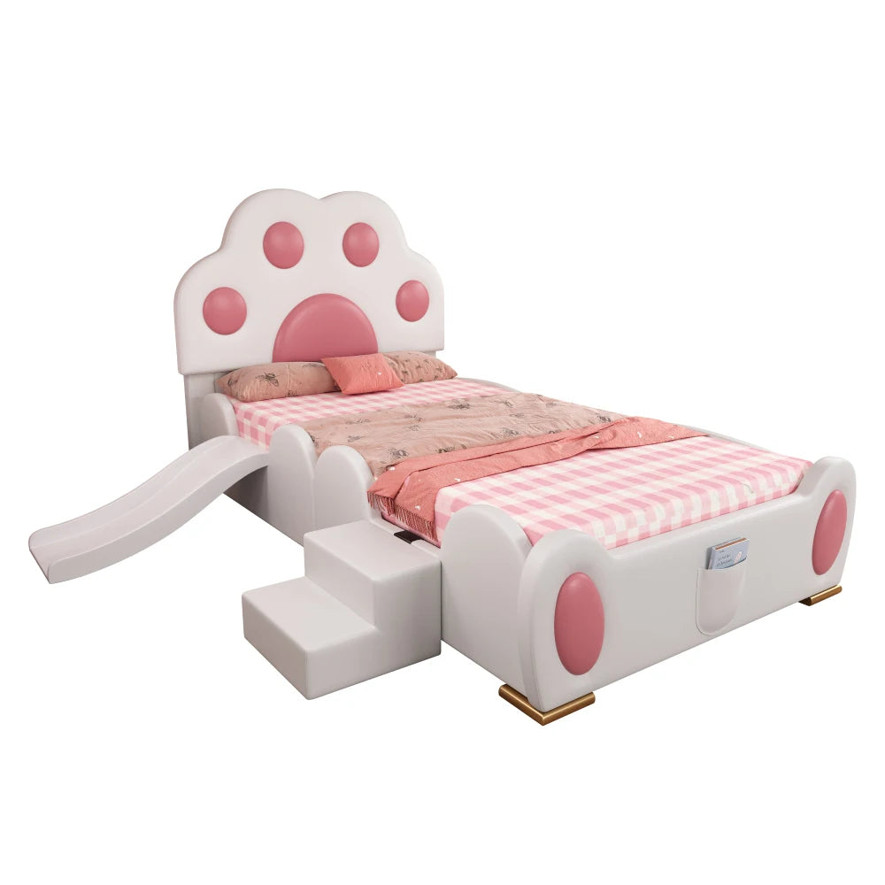 Cartoon süßes rosa Prinzessinnenbett, gepolstertes Bett, 90 x 200 cm, mit Kinderrutsche und zweistufiger Leiter, für Mädchenschlafzimmer