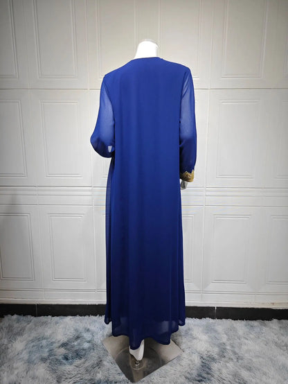 Eid Frauen Abaya Kleid Muslim 2-teiliges Set Strickjacke mit Innenkleid Schnürmantel Kaftan Robe Jalabiya Ramadan Marokko Kaftan 2025