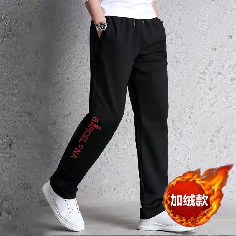 Autumn Winter Fashion Harajuku All Match Trousers Men Loose Straight Leg Sports Pants Plus Velvet Casual Men's Pants Sweatpants.
