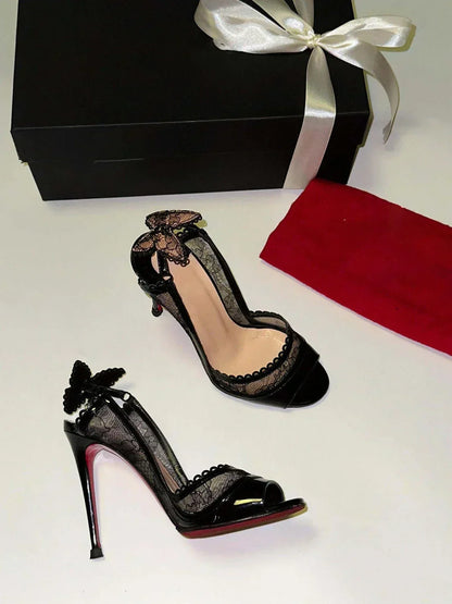 2025 Women's New in Black Lace Butterfly Sexy Pumps Stilettos Peep Toe High Heels Leather Luxury Designer Party Chic Shoes.
