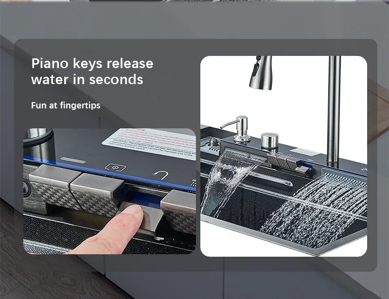 Wasserfall-Küchenspüle aus Edelstahl 304, großes Einzelschlitz-Wasserhahn-Set mit integrierter Digitalanzeige, Seifenspender, Tassenwascher