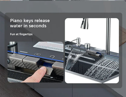 Wasserfall-Küchenspüle aus Edelstahl 304, großes Einzelschlitz-Wasserhahn-Set mit integrierter Digitalanzeige, Seifenspender, Tassenwascher