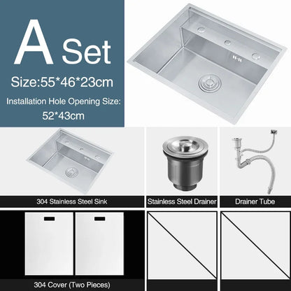 Nanometer Double Cover Hidden Kitchen Sink 304 Stainless Steel 3 Holes Handmade Single Large Size Kitchen Hidden Sinks