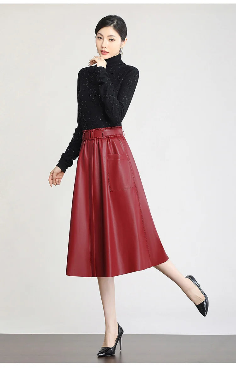 S-5XL New Women Plus Size Leather Skirt Spring Autumn Fashion Stretch Waist A-Line Loose Long Skirt Split Leather Sheepskin.