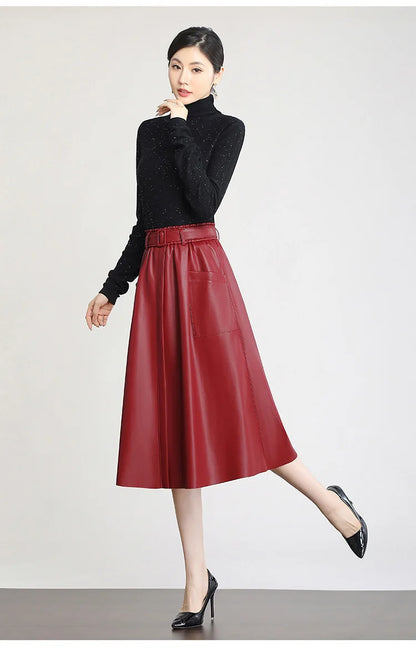 S-5XL New Women Plus Size Leather Skirt Spring Autumn Fashion Stretch Waist A-Line Loose Long Skirt Split Leather Sheepskin.