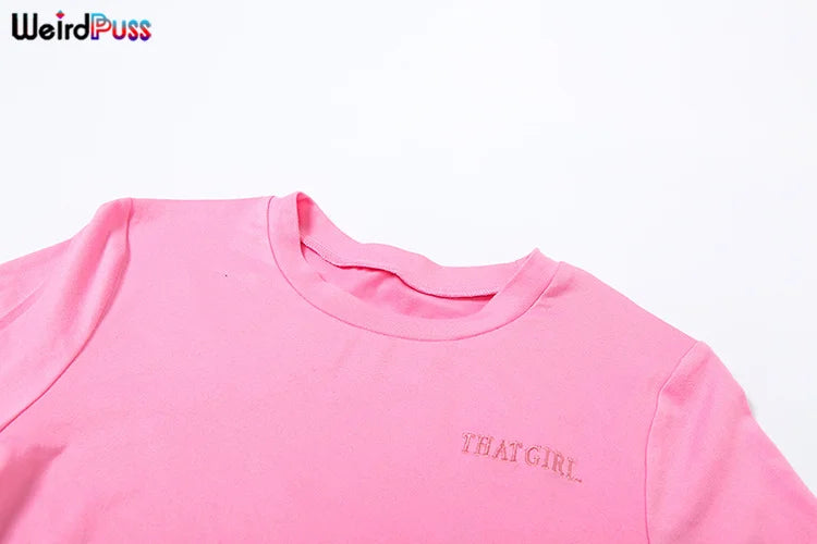 Weird Puss Casual Sporty 2 Piece Set Women Letter Embroidery Crop Tops+Side Tassel Straight Pants Matching Streetwear Tracksuits