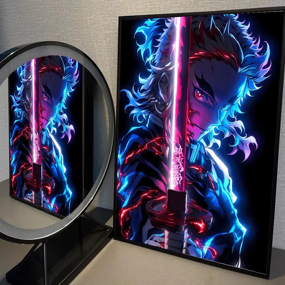 1pc Neon Effect Japan Anime Demon Slayer Tanjiro Nezuko Character Poster Self-adhesive Art Waterproof Paper Sticker Wall Decor.