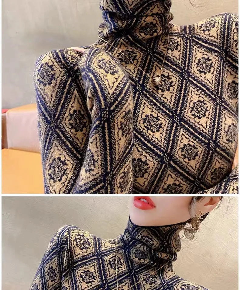 Frauen Kleidung Mode Rollkragen Argyle Stricken Pullover Herbst Winter Elegante Chic Schlanke Langarm Pullover Büro Dame Y2K Top.