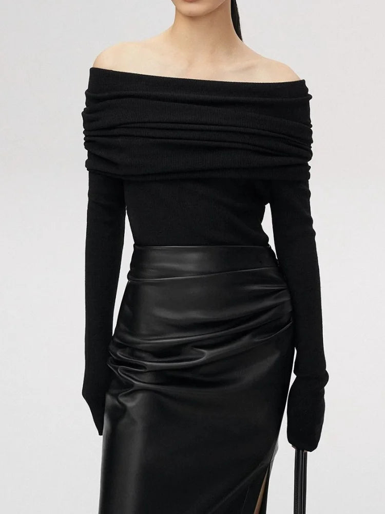 Slash Neck Pullover Frauen Tops Gestrickte Dünne Grundlegende Alle-spiel Sexy Elegante Off Schulter Herbst Winter Langarm Pullover weibliche.