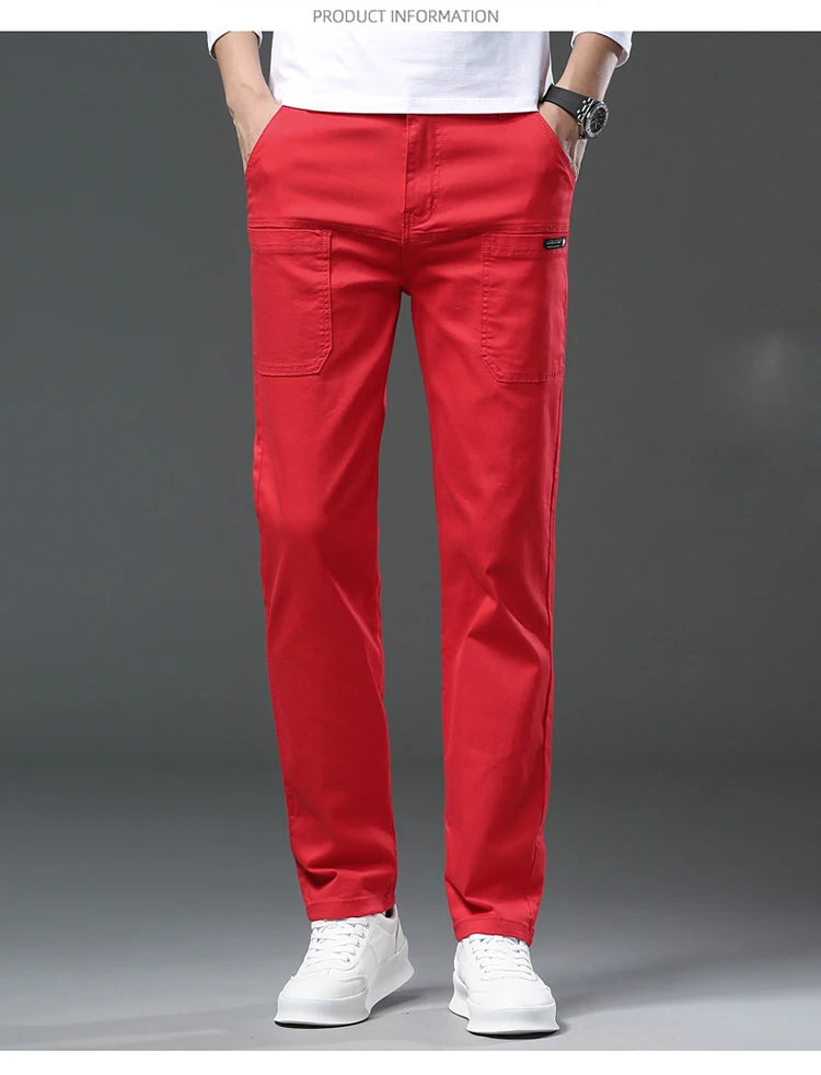Spring and Autumn Men's Multi-Pocket Design Jeans Fashionable and Versatile White Khaki Red Comfortable Stretch Denim Pants.