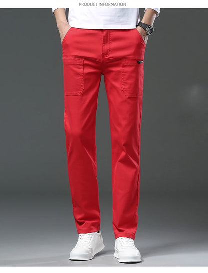 Spring and Autumn Men's Multi-Pocket Design Jeans Fashionable and Versatile White Khaki Red Comfortable Stretch Denim Pants.