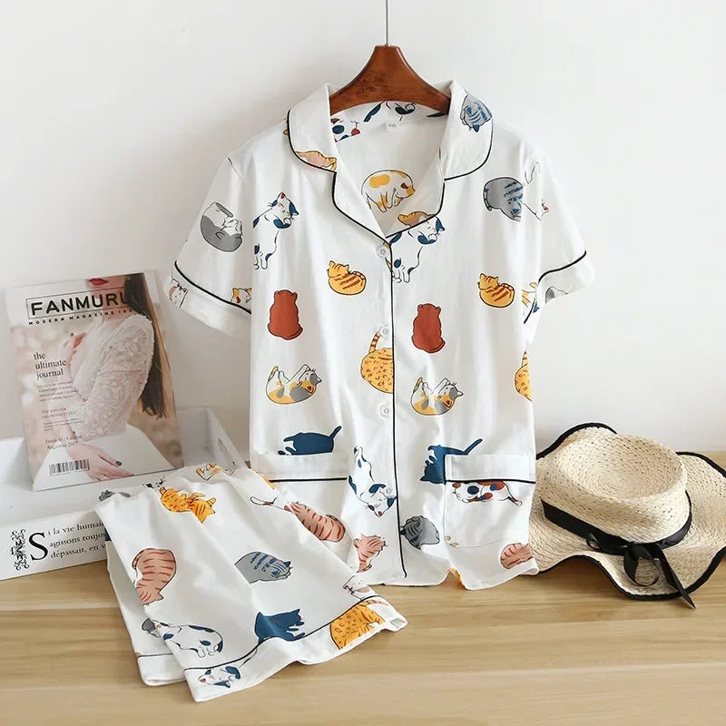 Neue 100% Baumwolle Kurzarm Shorts Damen Pyjama Set niedlichen Cartoon Pyjamas japanische einfache kurze Pyjamas Frauen Nachtwäsche.