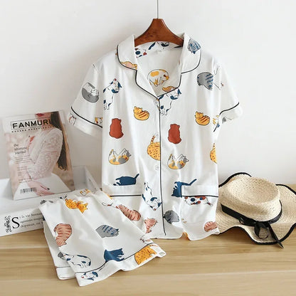 Neue 100% Baumwolle Kurzarm Shorts Damen Pyjama Set niedlichen Cartoon Pyjamas japanische einfache kurze Pyjamas Frauen Nachtwäsche.