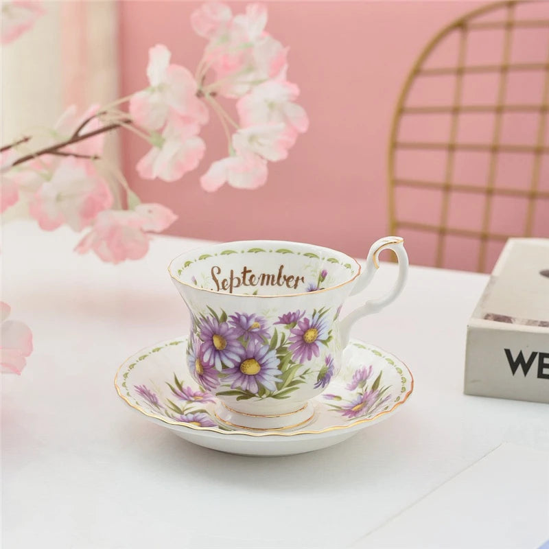Coffee Cup and Saucer Set Month Flower Mug Bone China Drinking Set Ceramic Cup and Saucer Home Teacup Dessert Saucer Gifts