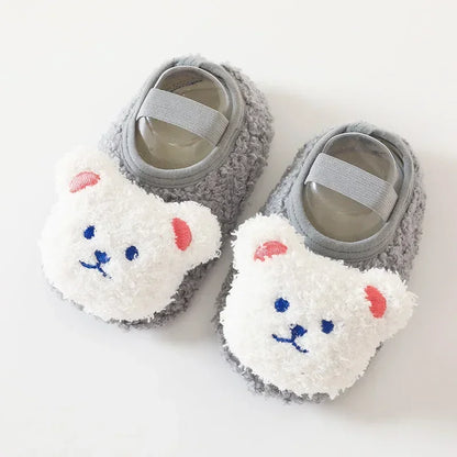 Warm Newborn First Walker for Boy Girl Cartoon Animal Bear Indoor Non-slip Floor Shoes Winter Fury Plush Floor Shoes