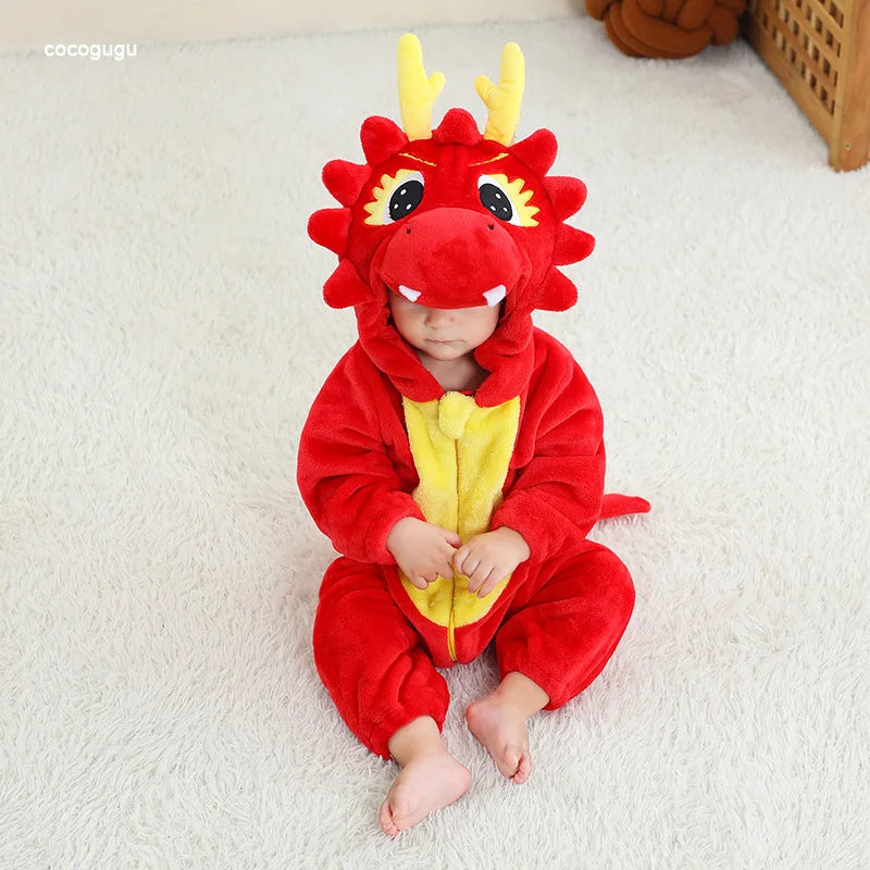 Red Dragon Stram pler Baby Boy Girl Pyjama Neugeborene Bebe Kleidung niedlichen Body suits Flanell warmes einteiliges Winter Halloween Tier Outfit.
