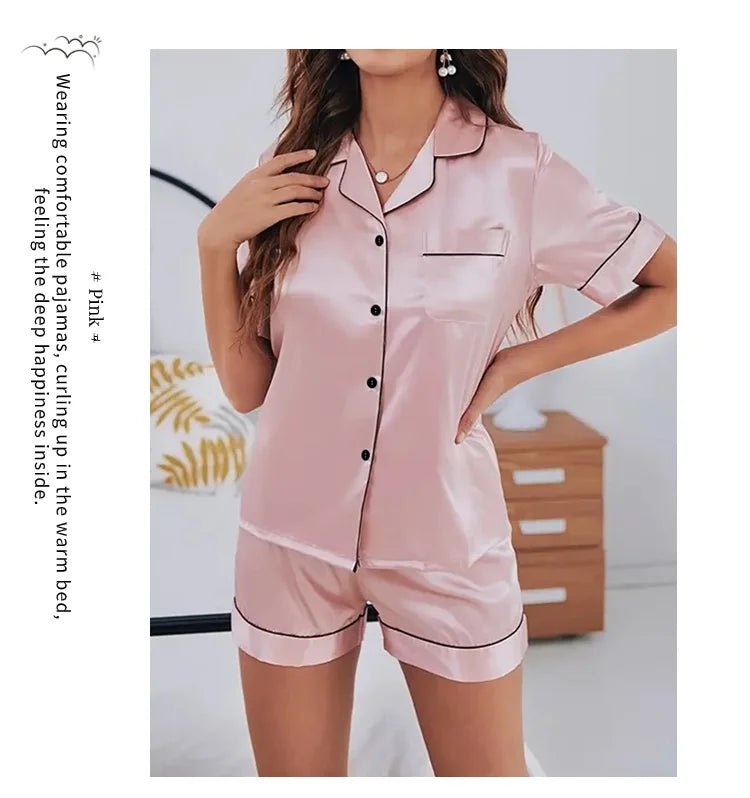 Sommer-Pyjama-Set aus Seidensatin für Damen, Oberteil und Shorts mit Knopfleiste, 2-teilig, Nachtwäsche, gekerbter Kragen, Nachtwäsche, Loungewear für Damen.