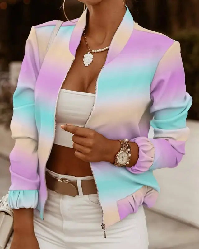 Mode Frauen Jacken Dünne Kurze Mäntel Herbst Vintage Print Lange Sleeve Zipper Dünne Jacke 2024 Casual Oberbekleidung Weibliche Jacke.