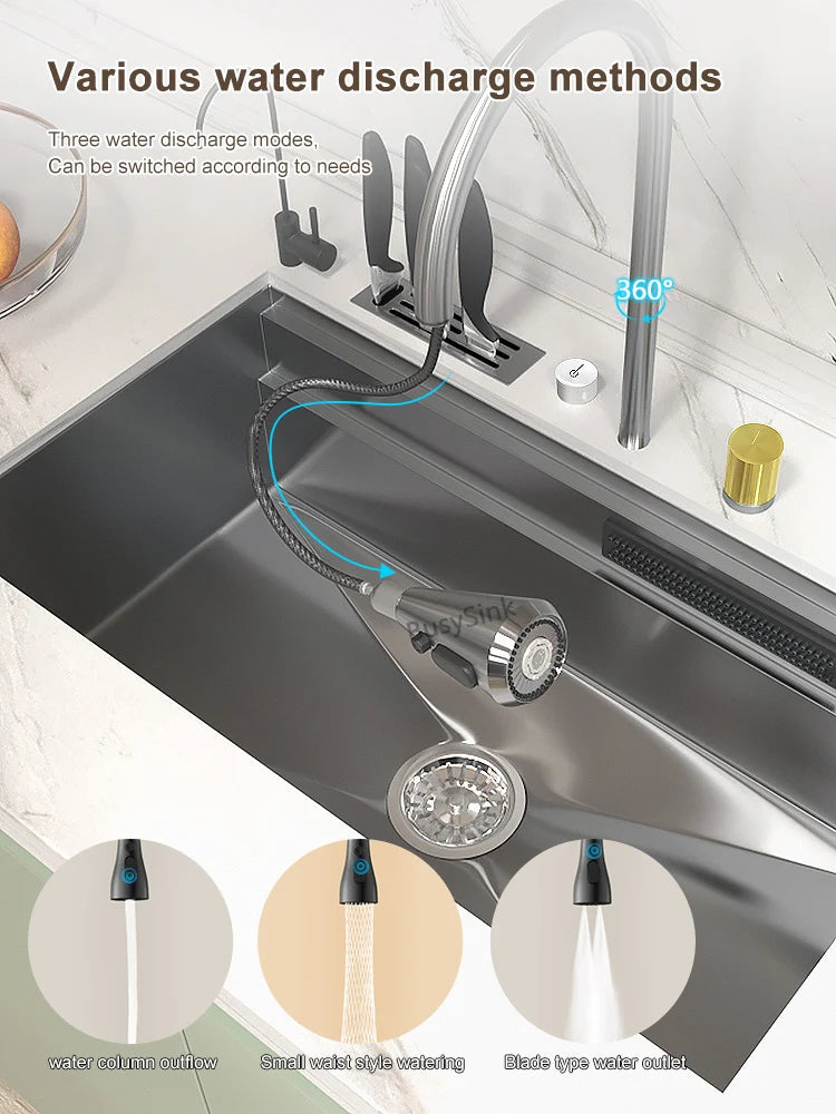 Küchenspüle aus Edelstahl mit Wasserfall, großer Einzelschlitz, multifunktionale Geschirrspülbecken, Unterbaubecken
