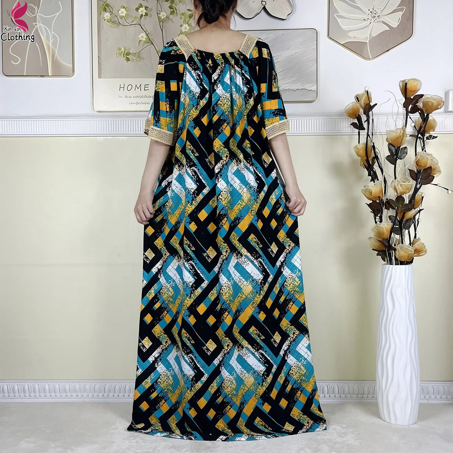 New Muslim Dubai Elegant Dress Summer Short Sleeve African Abaya Printing Cotton Loose Femme Robe Islamic Dresses With Scarf.