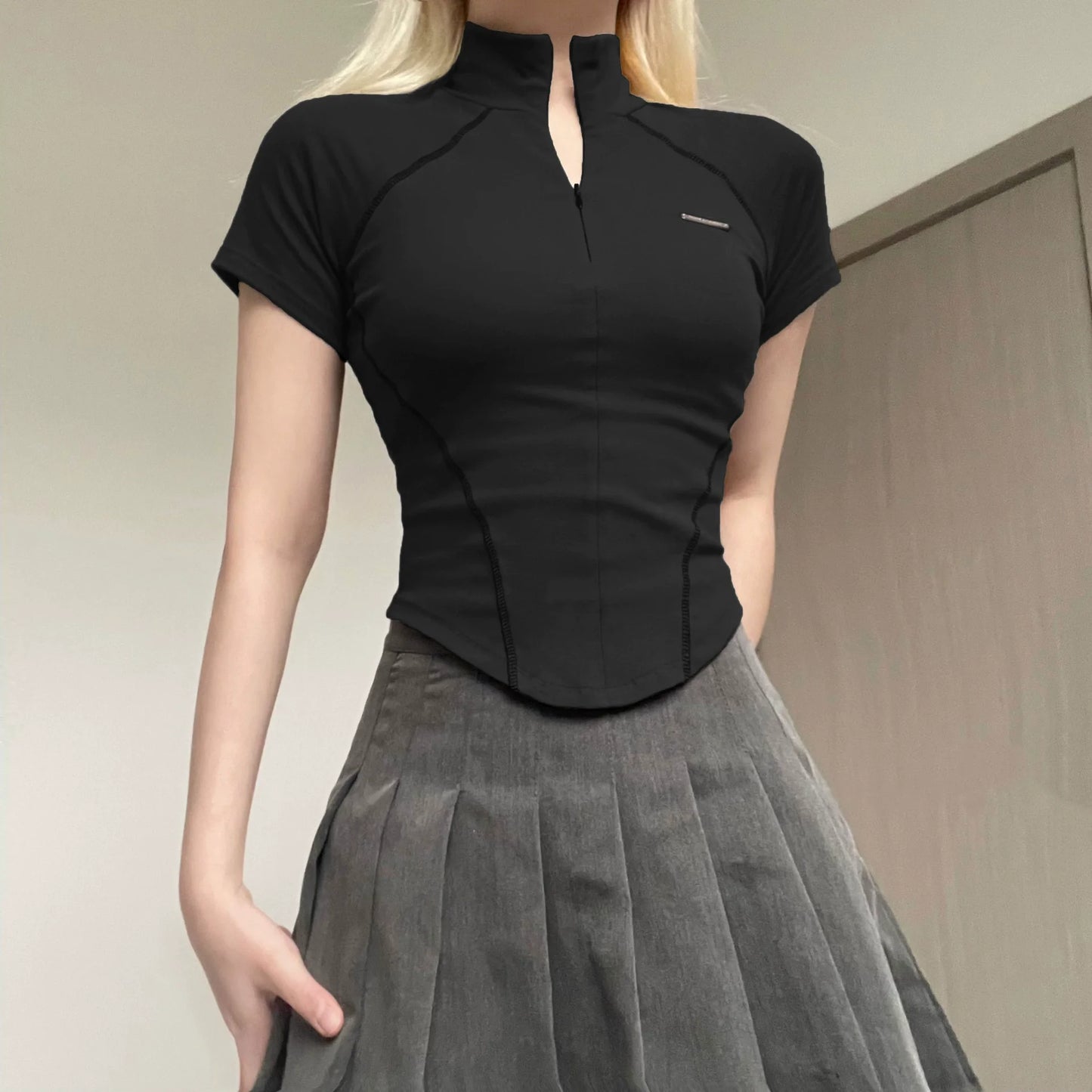 Women's Short Sleeve T-Shirt, Slim, Turn-Down Collar, Preppy Style, Patchwork, Casual, Summer Fashion, Fake 2 Piece, 2024