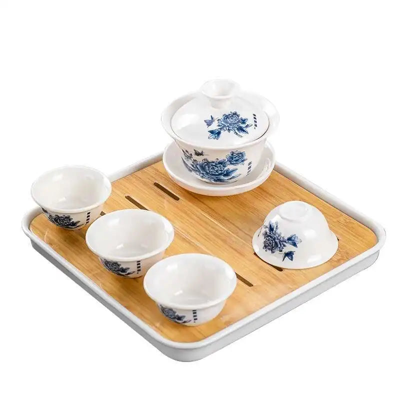 1 gaiwan 4 cups 1 teaboad Ceramic kungfu tea set household  one cover bowl four cups living room kungfu office reception.