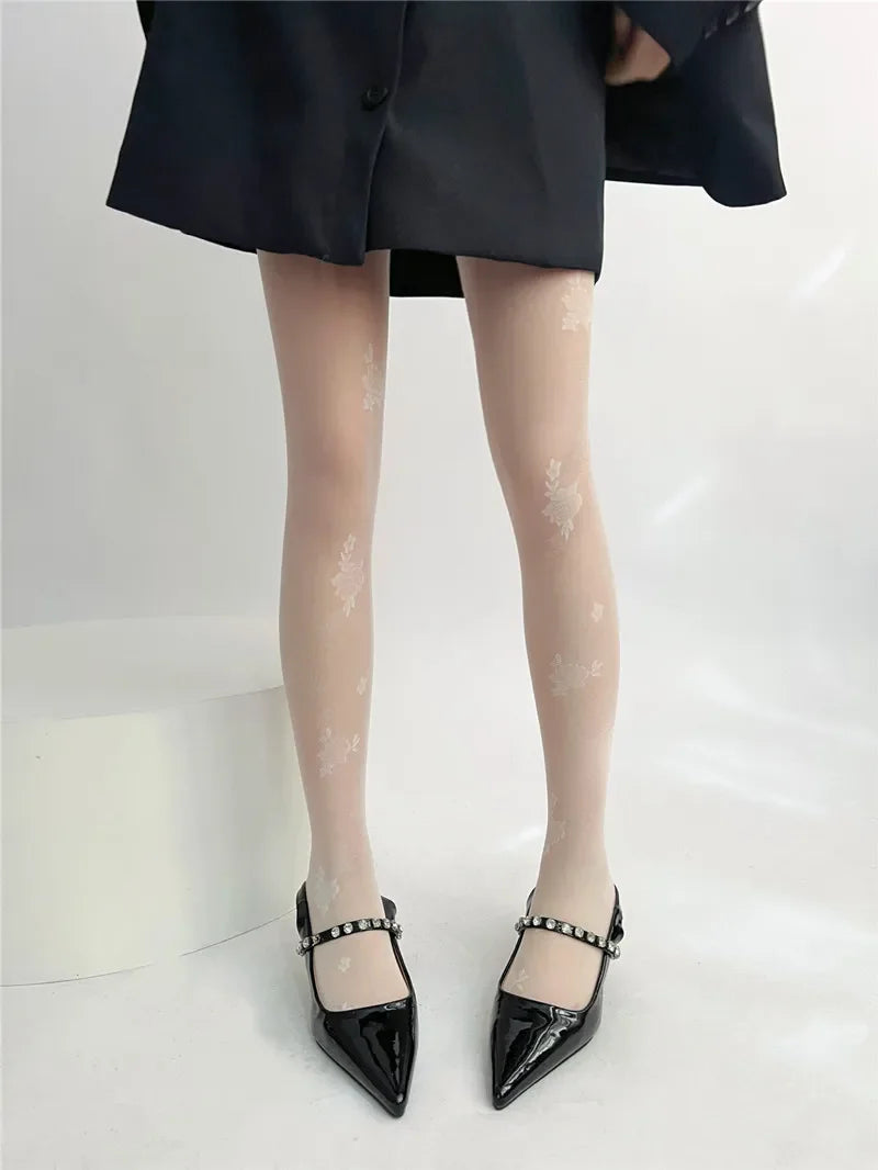 Spring Summer Transparent Floral Patterned Silk Stockings Women's Fashionable Belt Wrapped Pantyhose Thin Material Long Tube Soc.
