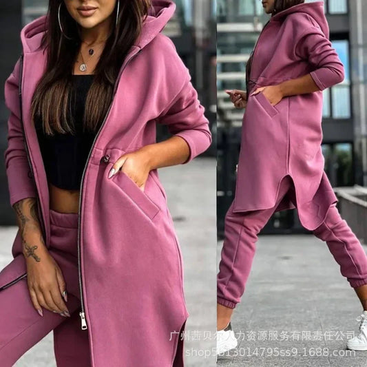 Autumn Winter New Women's Hooded Jacket Trousers Suit Casual Everyday Joker Two-Piece Set.