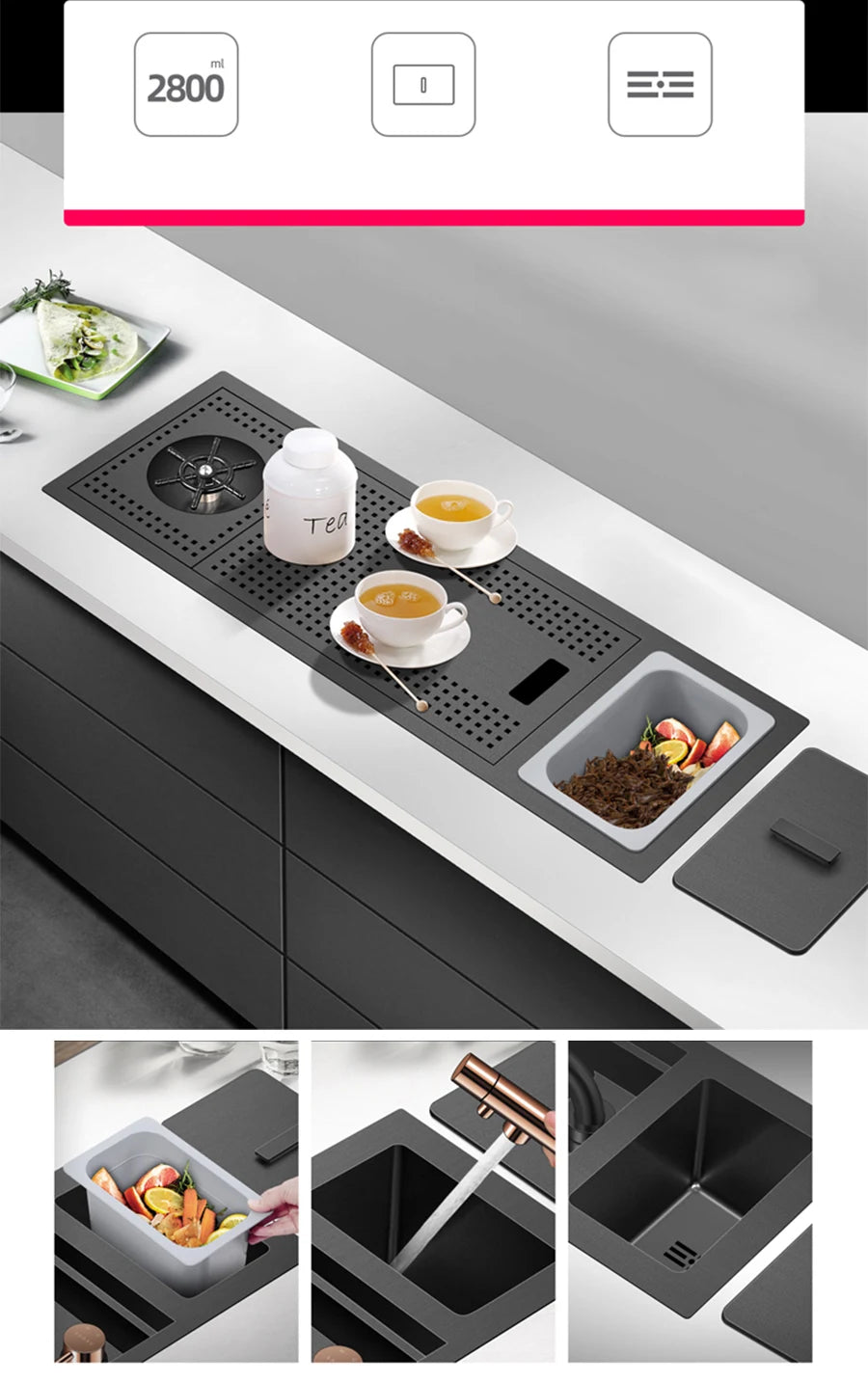 Nanometer Black Hidden Cup Rinser Bar kitchen Sink SUS 304 Stainless Steel Handmade Cup Washer Bar kitchen Sinks With Trash Can