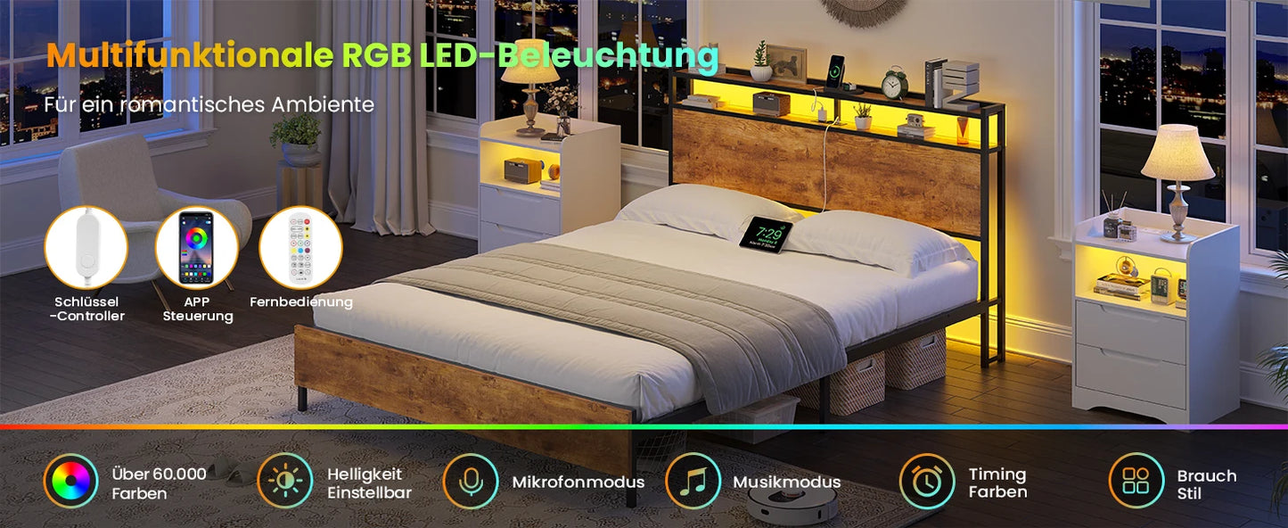 140x200 mit Gitterrahmen, integrierte LED-Beleuchtung und Ladestation (2 AC-Steckdosen, 2 USB-Anschlüsse), Bett 140x200 Mit Lattenrost Au