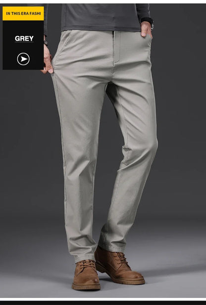 97% Cotton Men's Casual Pants Autumn Fashion Comfortable Elastic Slim Straight Business Trousers Black ArmyGreen Khaki.
