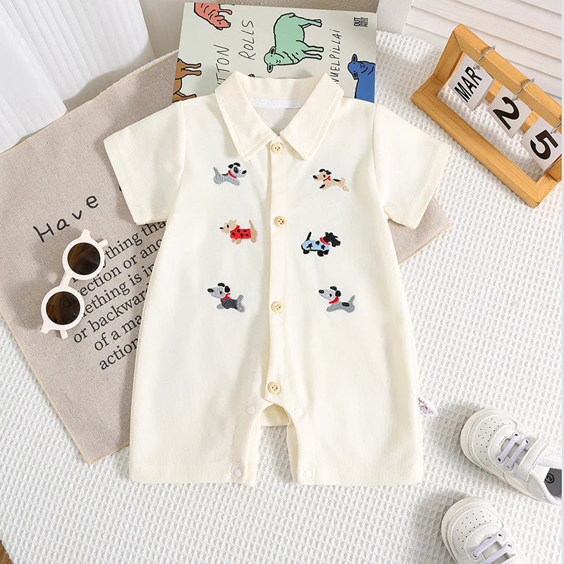 Baby Sommer Kleidung 0-2T Cartoon Hunde Stickerei Kurzarm Romper Infant Jungen Revers Shorts Ein Stück Kleinkind outfit.