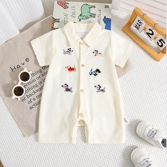 Baby Sommer Kleidung 0-2T Cartoon Hunde Stickerei Kurzarm Romper Infant Jungen Revers Shorts Ein Stück Kleinkind outfit.