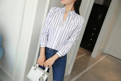Stripe Women Blouse Fashion Standing Collar Women's Shirt Long Sleeved Shirts and Blouses Printing Ladies Tops Basic Womens Tops