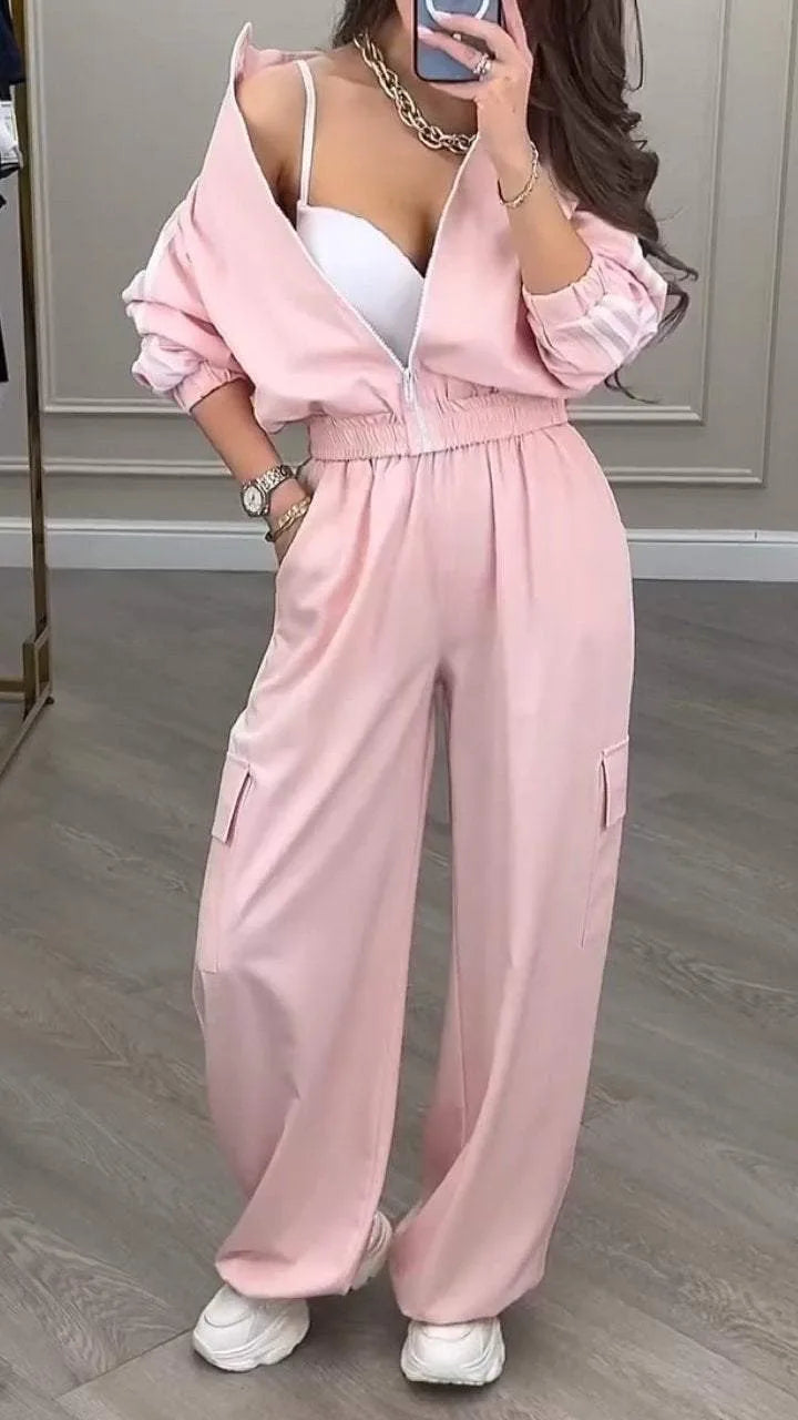 Sports Trousers Loose White Casual Women's Set Fashion Zipper High-waisted Hoodie + Wide-leg Overalls 2-piece Sweatshirt Suit