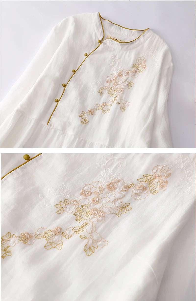 Vintage lange Damen kleider neue chinesische Stickerei koreanische Kleidung Sommer Kurzarm lose Freizeit kleid.